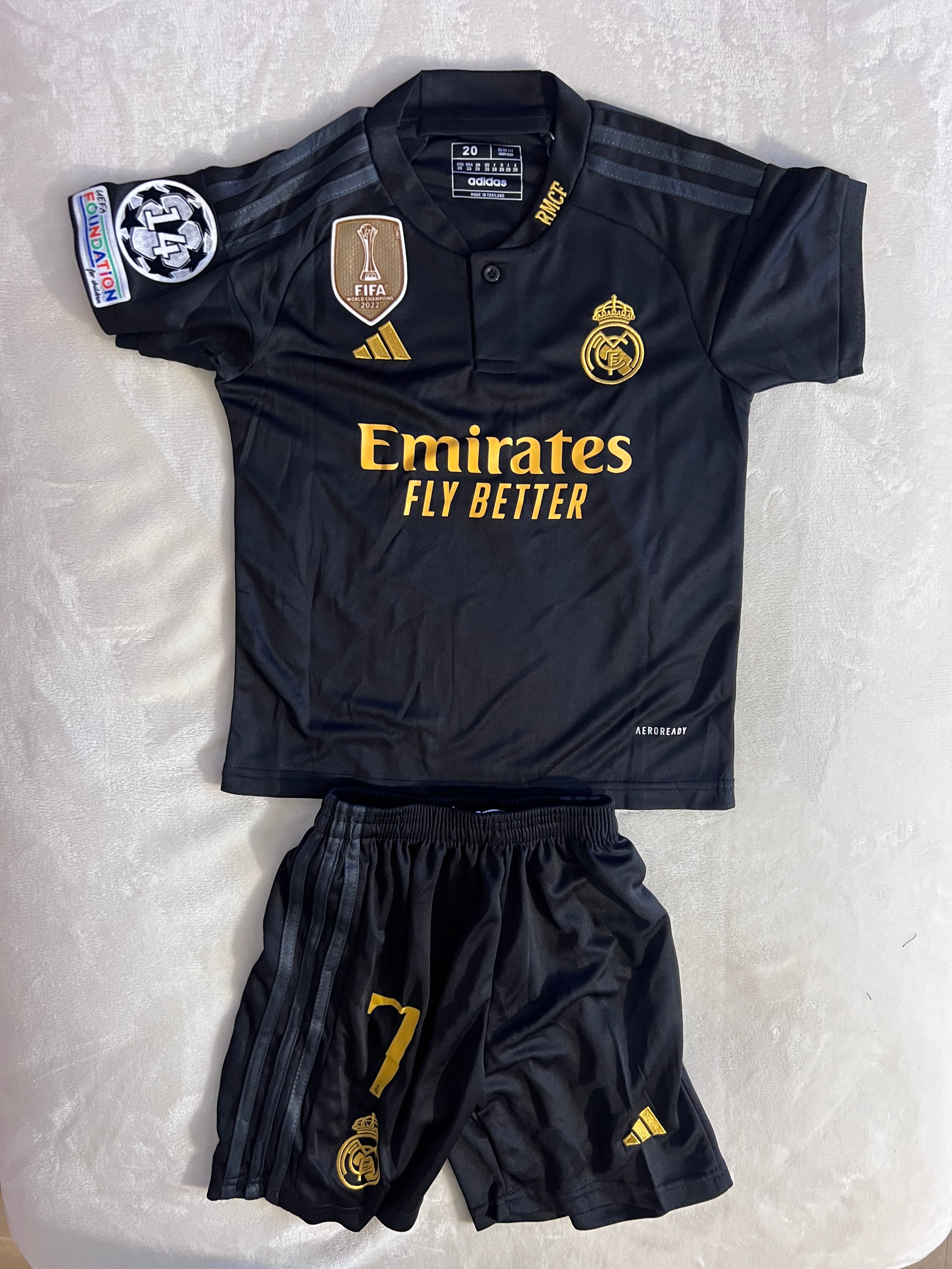 Vinicious Jr Kids set Madrid Soccer Jersey and Shorts, Black version 2023.