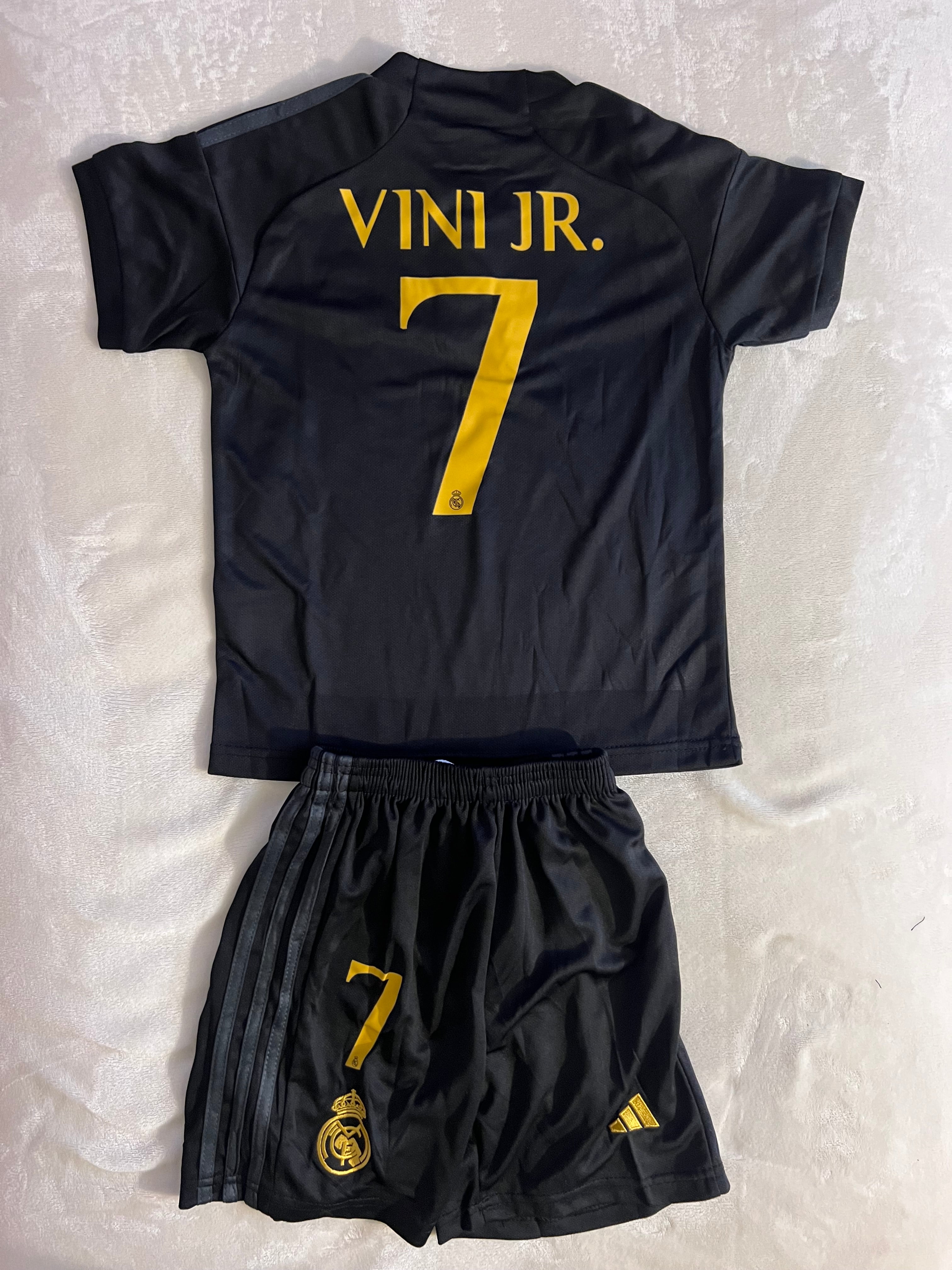 Vinicious Jr Kids set Madrid Soccer Jersey and Shorts, Black version 2023.